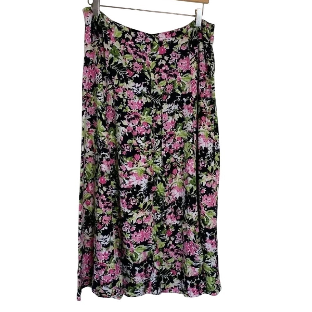 Christopher & Banks Midi Skirt 14 Black Pink Floral Rayon A-Line Side Zip